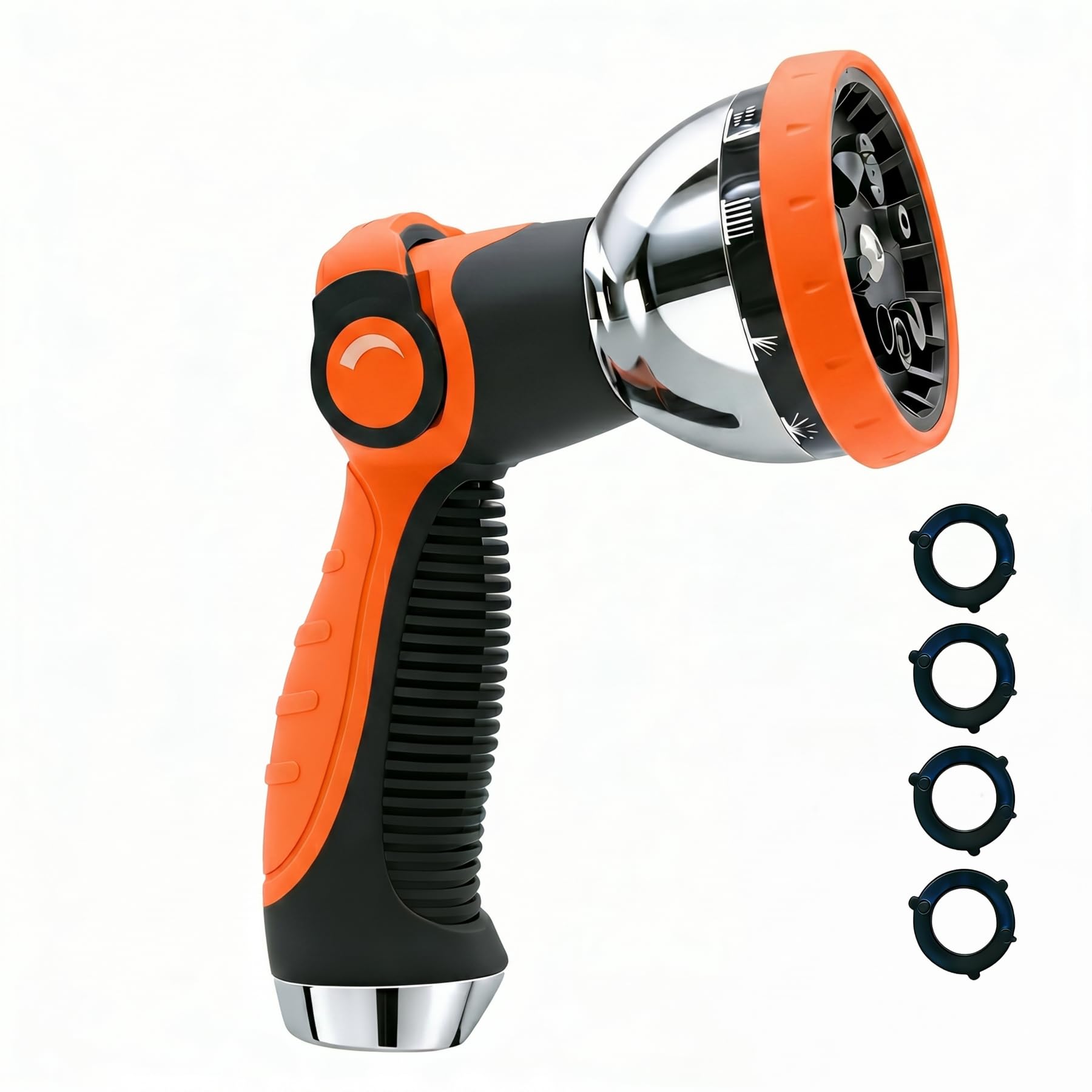 Garden Hose Nozzle Heavy Duty, Metal Water Hose Sprayer with 10 Adjustable Spray Patterns, Thumb Control On Off Valve, High Pressure Hose Nozzle for Watering, Car Washing &amp; Pet Shower - Orange