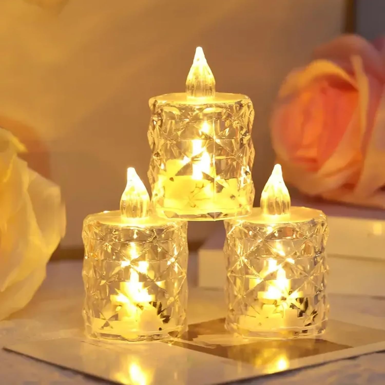 Worparsen M 4Pcs Realistic And Bright Battery Operated Flameless Led Tea Lights Candles Crystal Flameless Candle Lights Twinkling Light Crystal Electric Fake Candles For Weddings Christmas Party Decoration (M)
