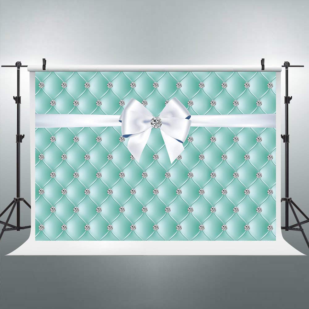 Riyidecor Blue Breakfast Decorations Backdrop Diamonds Bowknot Teal Sweet Birthday Party Banner Background 8x6 Feet Turquoise Girls Women Dessert