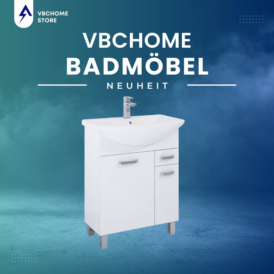 VBChome Badmöbel 66x44x84 cm Weiß Waschbecken mit Hahnloch Badezimmerschrank 2 Türen 1 Schublade Soft Close System Modern