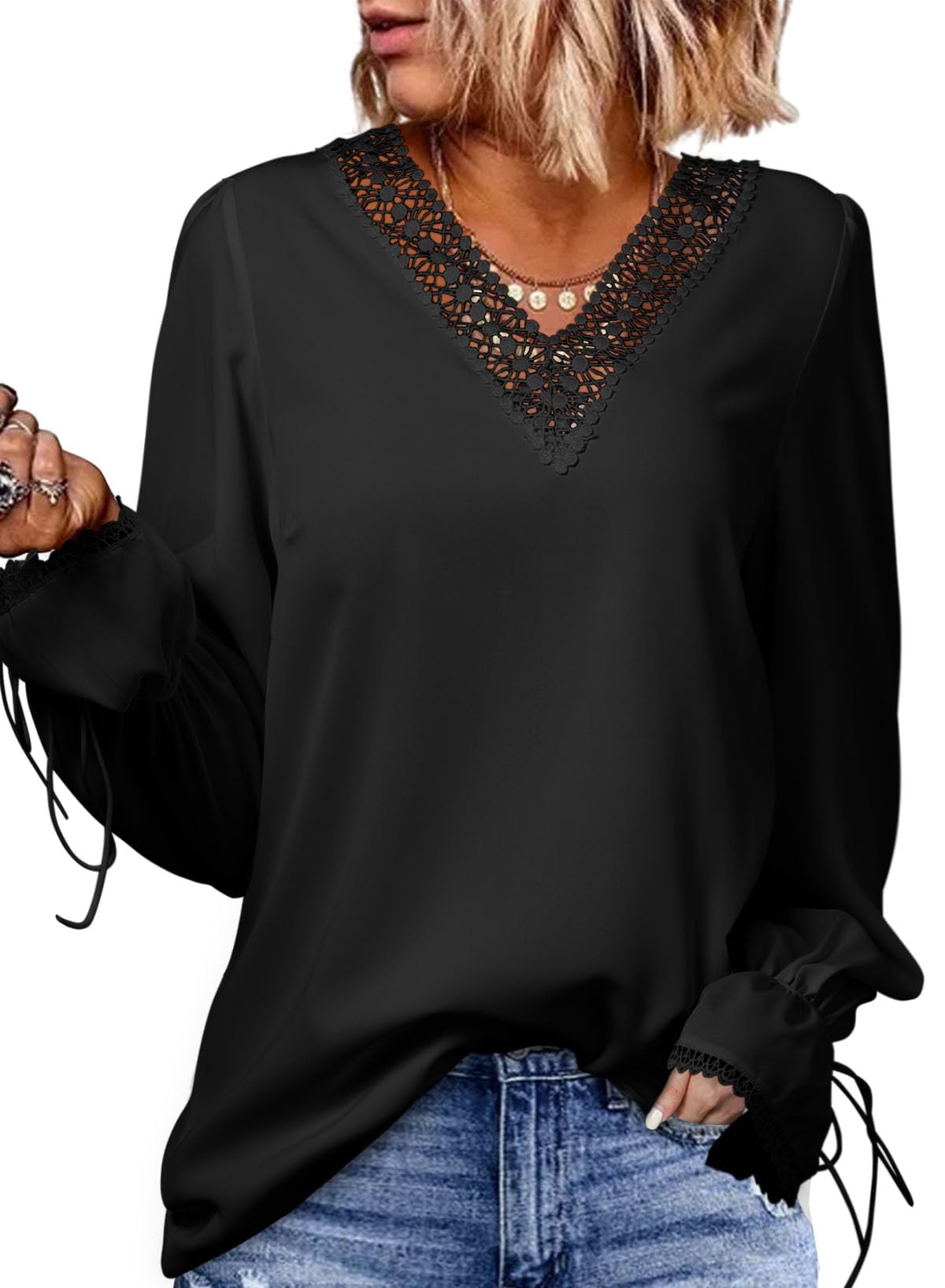 DokotooWomens Long Sleeve Tops Lace Trim V Neck Fashion Tunic Tops Flowy Casual Shirts Chiffon Blouses 2023 Fall Clothes