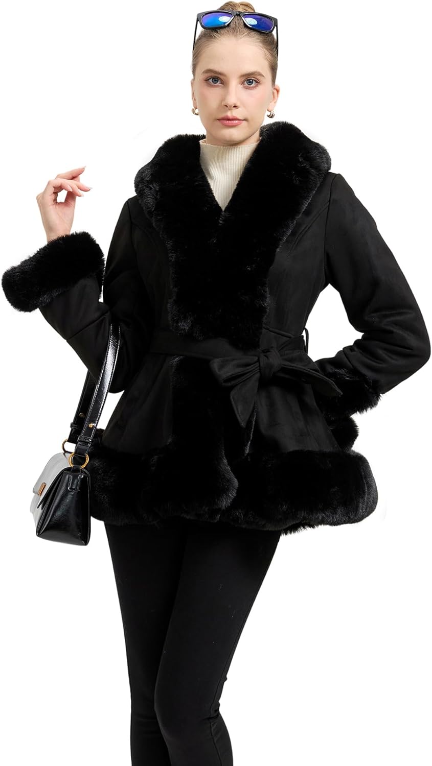 GRAN ORIENTE Suede Jacket for Women with Faux Fur Collar,Long Sleeve Warm Winter Parka Coat with Belt Outerwear