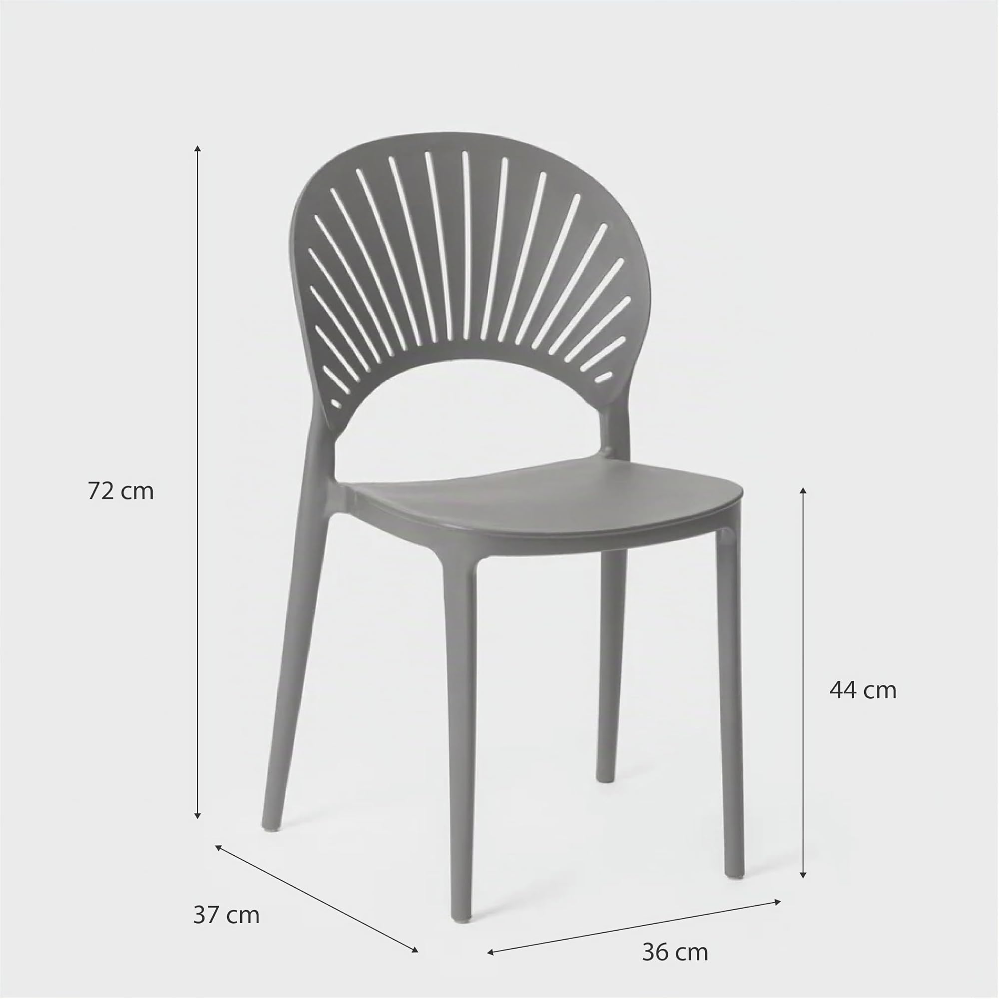 Baroni Home Juego de 4 sillas de plástico apilables, sin montaje, fáciles de limpiar, con gomas antideslizantes, para cocina, salón, comedor, 36 x 37 x 72 cm, gris, respaldo grande con rayos
