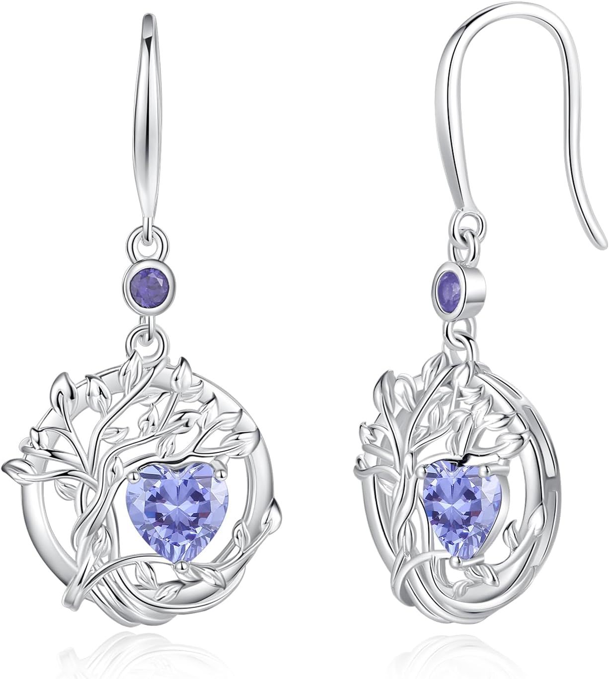 FANCIME Tree of Life Dangle Drop Earrings 925 Sterling Silver Dainty Round Gemstone Birthstone Earring Fine Jewelry Birthday Mothers Day Gifts for Her Women