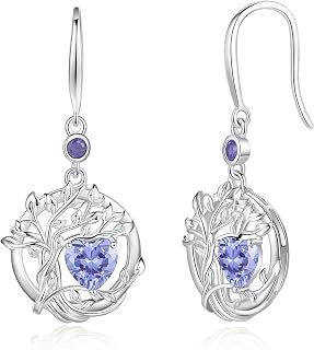 Tree of Life Dangle Drop Earrings 925 Sterling Silver Dainty Round Gemstone Birthstone Earring Fine Jewelry Birthday Christmas Gifts for Her Women
