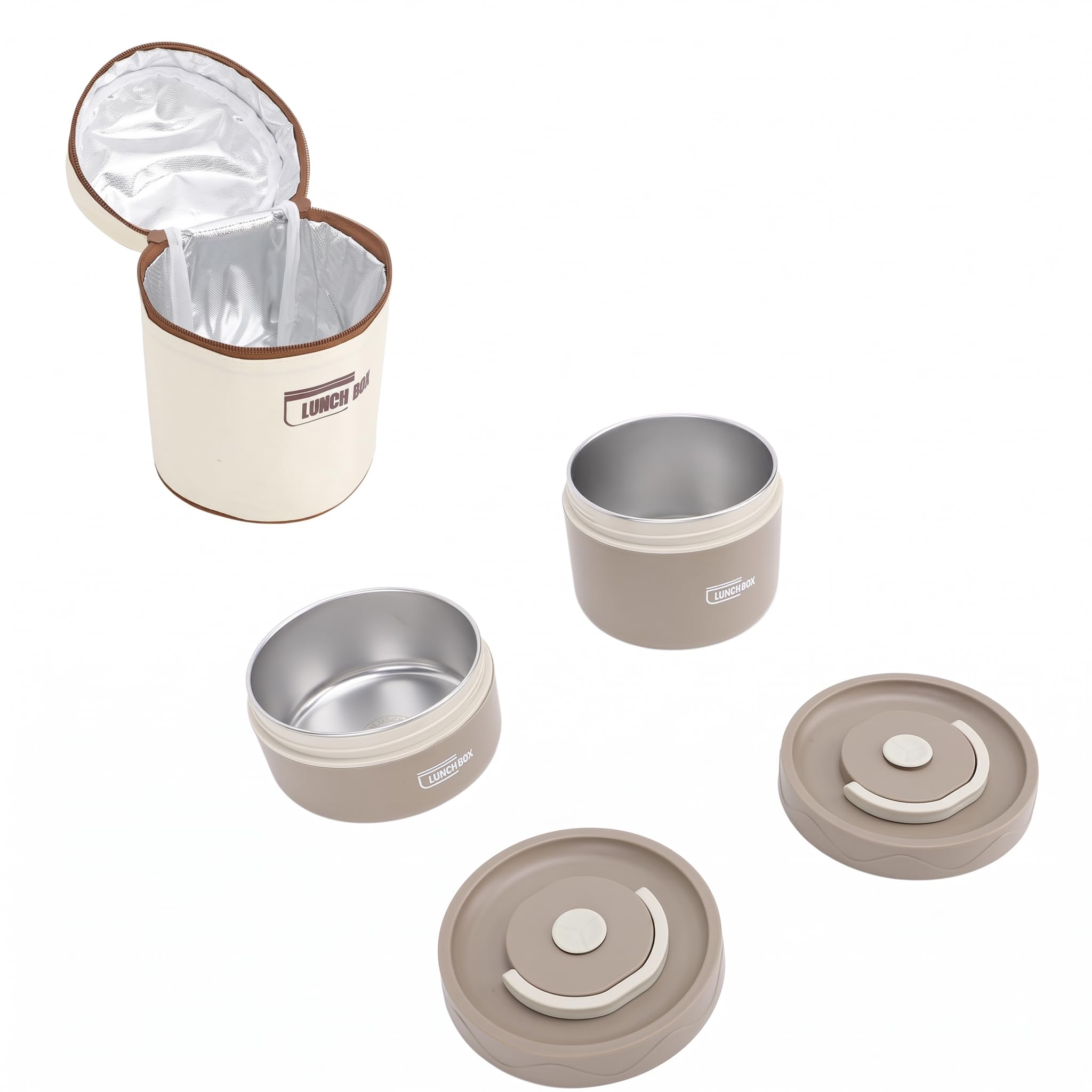 BORDSTRACT Contenitore Per Pranzo Coibentato, Bento Box Termico Portatile Rotondo Multifunzione in Acciaio Inossidabile Sigillato con Borsa Termica(Colore caffè profondo 2 pezzi)