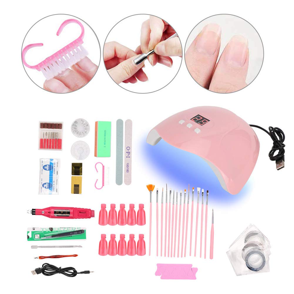 Kit De Uñas Arte Herramientas, Kit De Uñas para Manicura con Lámpara UV 54W Bloque De Pulido Uñas De Estrás Juego De Limas De Uñas Pinceles para Uñas