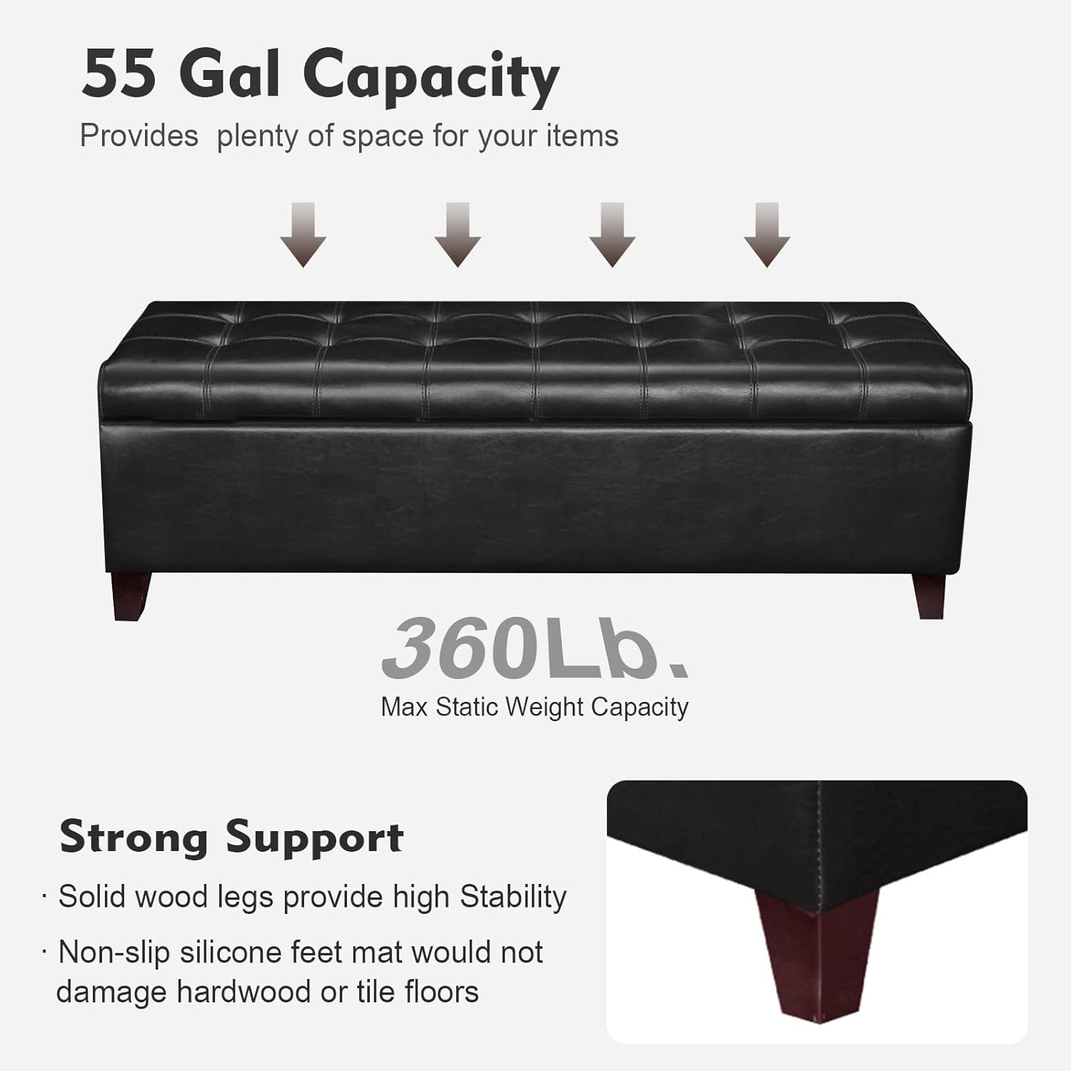 Ottoman with Storage, 51 Inch End of Bed Storage Ottoman Bench, Faux Leather Upholstered Ottomans with Hinged Lid, Rectangle Long Foot Rest Bench for Entryway Living Room Bedroom Black - Image 4