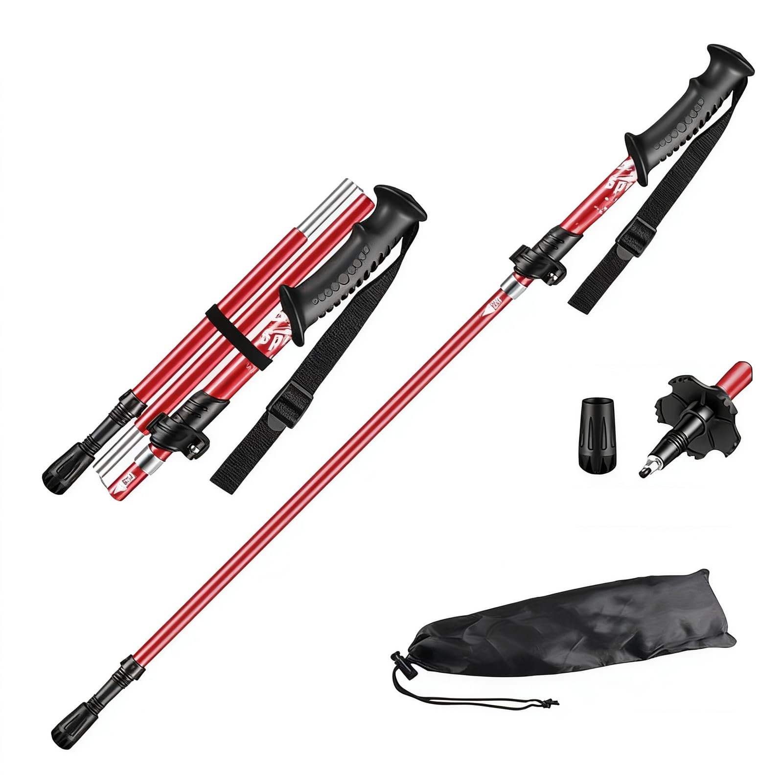 Folding Hiking stick, Walking Pole, Single Trekking Pole, Walking Stick for Hiking, Camping, Lightweight Backpack travel Staff, Best Gift for Outdoor Enthusiasts (Red straight handle, Short)