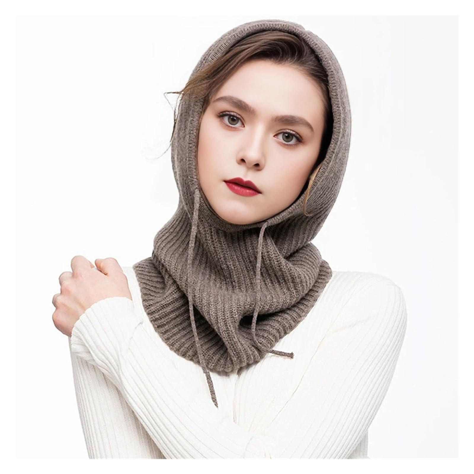 Gorro unisex de punto de lana para mujer, bufanda de cuello con capucha para invierno, con cordón para hombre