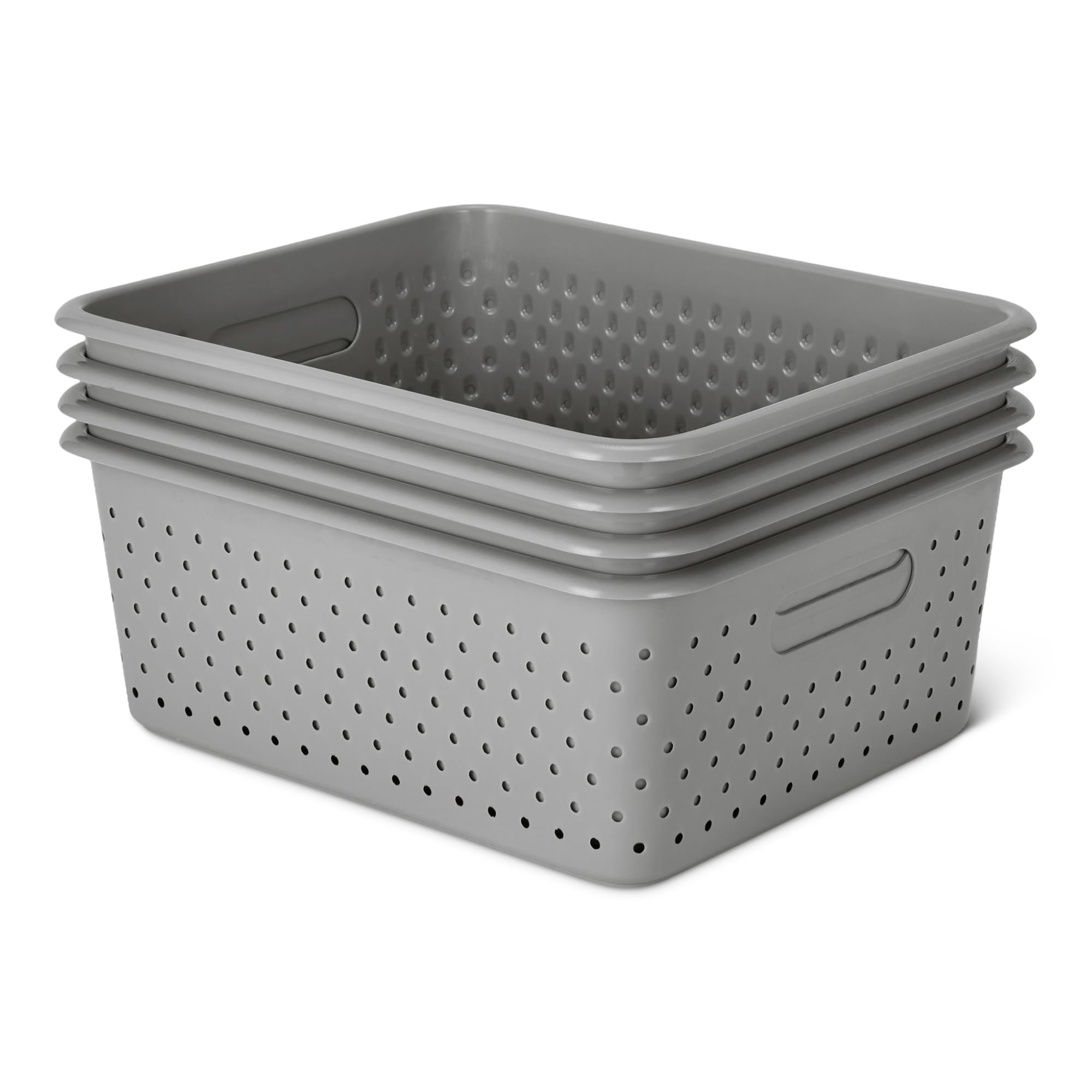 Amazon Basics Decorative BPA-Free Plastic Storage Baskets, 13.66 x 11.34 x 5.39, Grey, Pack of 4