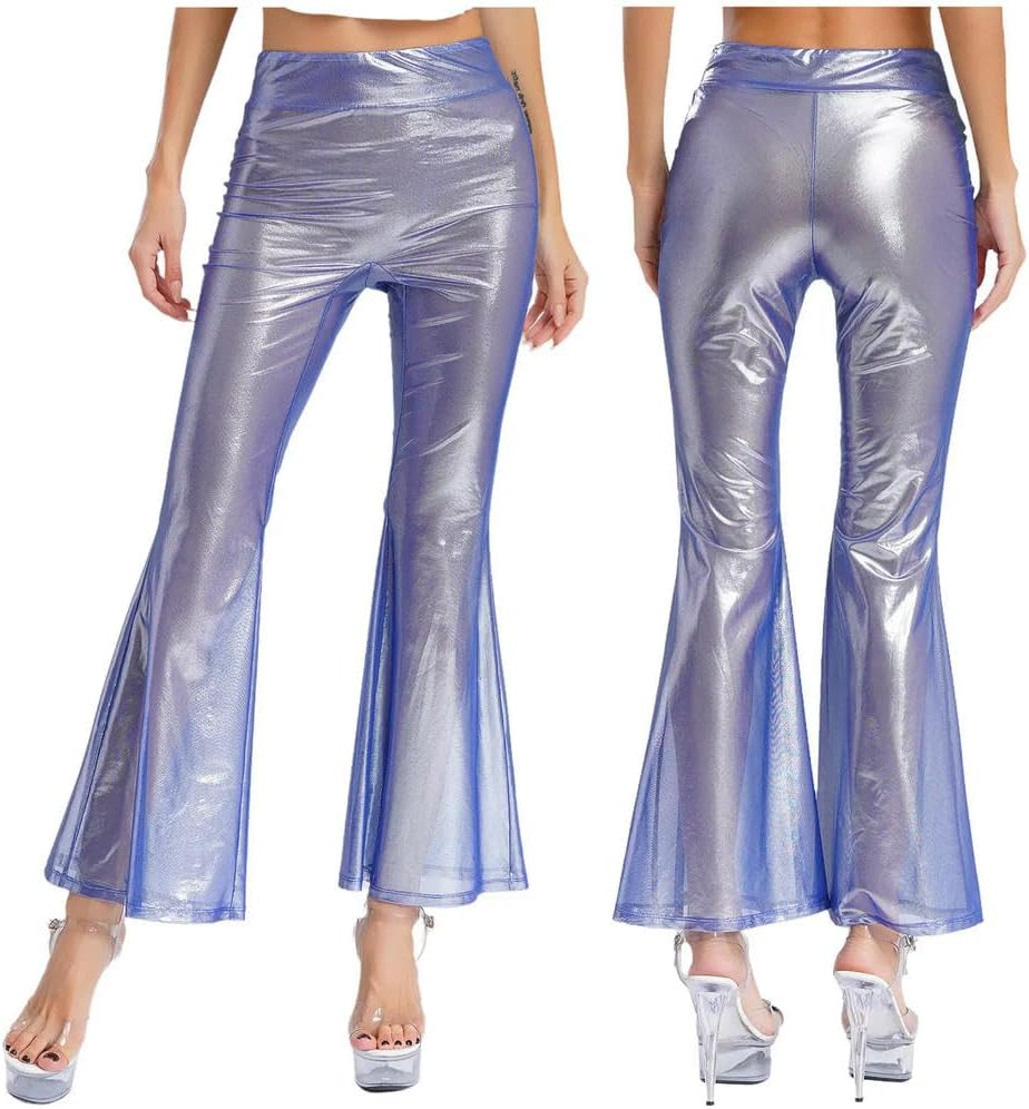 Women See Through High Waist Flared Pants 70s Disco Flare Trousers Metallic Ruffle Wide Leg
