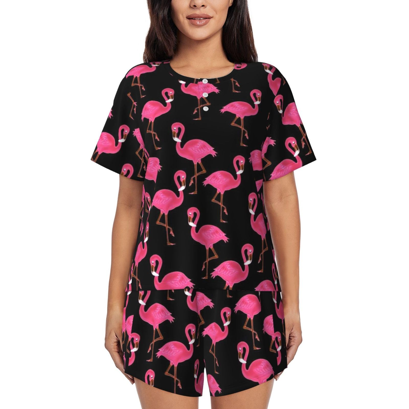 JBYJBX Lovely Red Flamingos Women's Pajamas Set, Cotton Short Sleeve Sleepwear Top Shorts Pjs Sets Soft Loungewear, Black, Medium