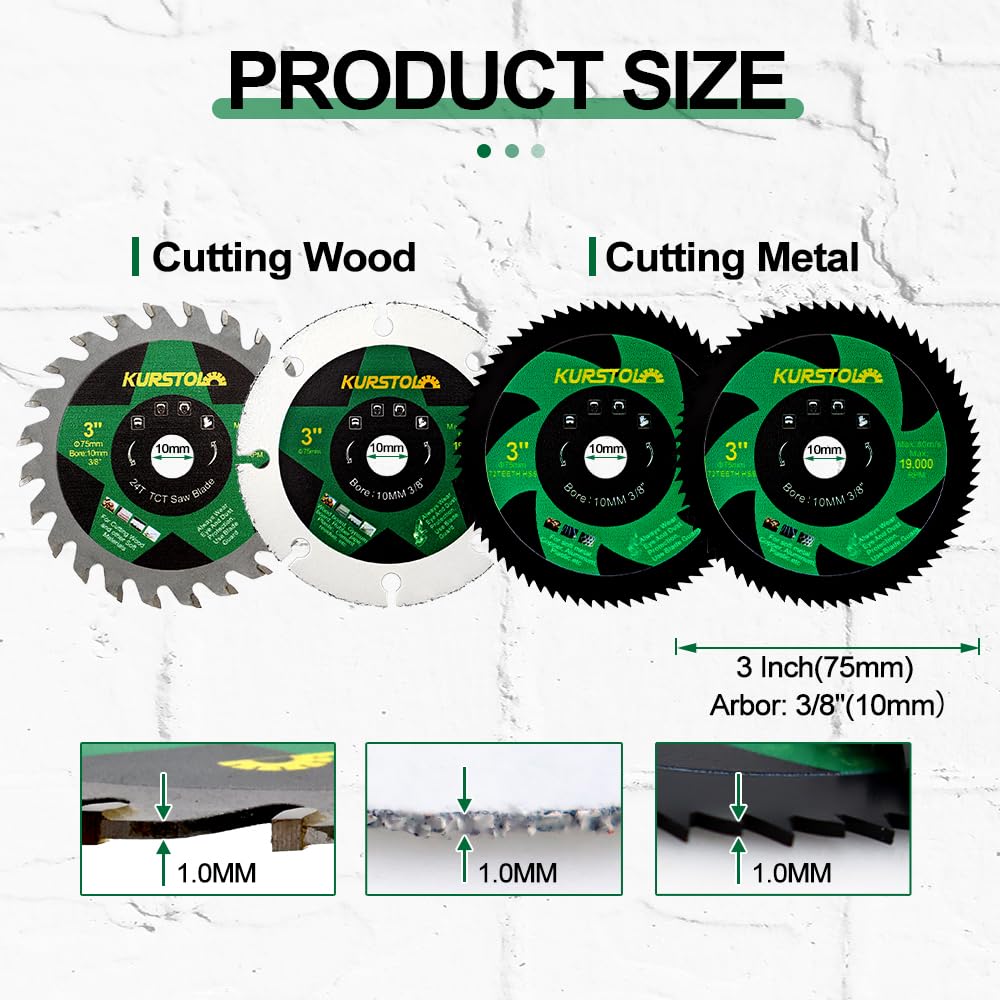 KURSTOL Saw Blade Set - 4pcs 75mm Cutting Disc for Wood Metal Plastic with 10mm Bore for Mini Angle Grinder - Image 3