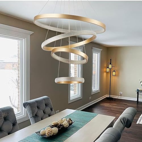 Candelabro de cristal dorado de 4 anillos moderno LED de cristal para colgar en el techo, lámpara de techo grande de lujo de 31.5 pulgadas regulable