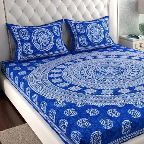 Image of JAIPUR PRINTS 100% Cotton Rajasthani Jaipuri Traditional Floral King Size Double Bedsheet with 2 Pillow Covers - Multicolor, 180-200 tc, Blue, Double