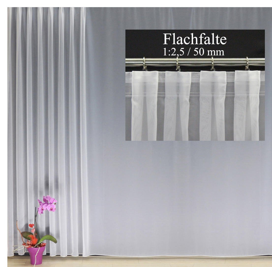 Fertiggardine nach Maß Voile Store weiß, maßgefertigt, halbtransparent mit FLACHFALTE. Größe wählbar (Höhe 80-295 cm, Breite 200-1200 cm), Variante 155 x 650 cm (Höhe x Breite)