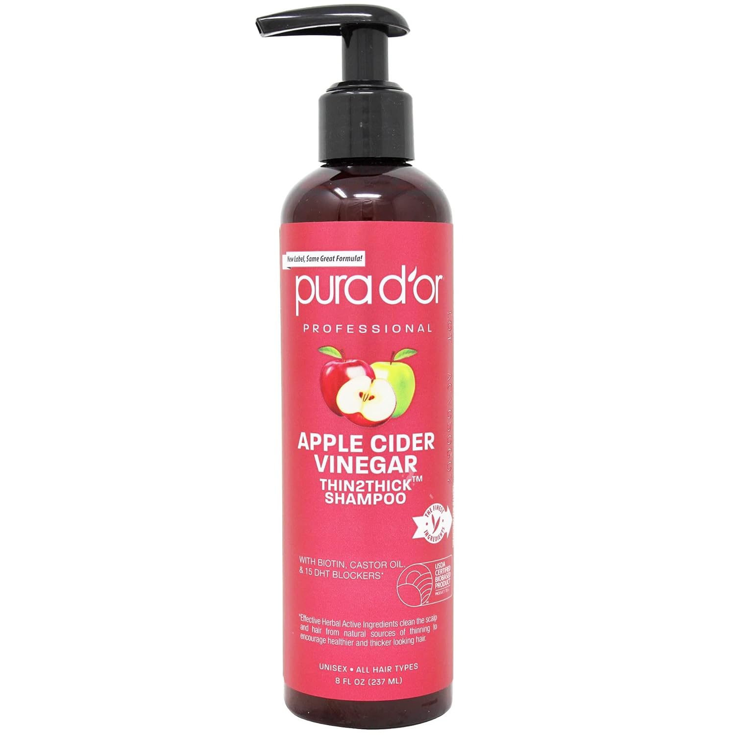 PURA D'OR Apple Cider Vinegar Thin2Thick Shampoo (8oz) Biotin, Castor Oil for Reduced Frizz, Split Ends, Clarifying & Detox, No Parabens, No Sulfates, All Hair Types, Men & Women
