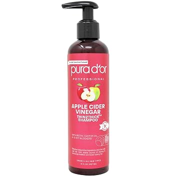 PURA DOR Apple Cider Vinegar Thin2Thick Shampoo 8oz Biotin, Castor Oil for Reduced Frizz, Split Ends, Clarifying & Detox, No Parabens, No Sulfates, All Hair Types, Men & Women