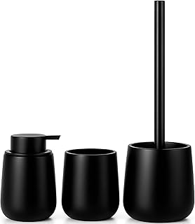 Set de Baño Moderno de 3 Piezas, Accesorios de Resina | Dispensador de Jabón 380 ml + Vaso para Cepillos de Dientes + Escobilla de Inodoro, Juego de Aseo Diario, Libre de BPA (Negro)