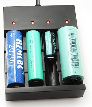 ZYAMY USB Smart Battery Charger 4-Slot 5V for Rechargeable Batteries 3.7V Li-ion 10440, 14500, 16340, 16650, 14650, 13350, 18500, 18650, 26650