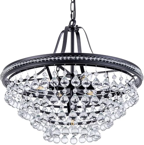 Wellmet Candelabro de cristal negro de 20 pulgadas, 4 niveles modernos de lujo para comedor, lámpara de lágrima redonda para dormitorio, isla de