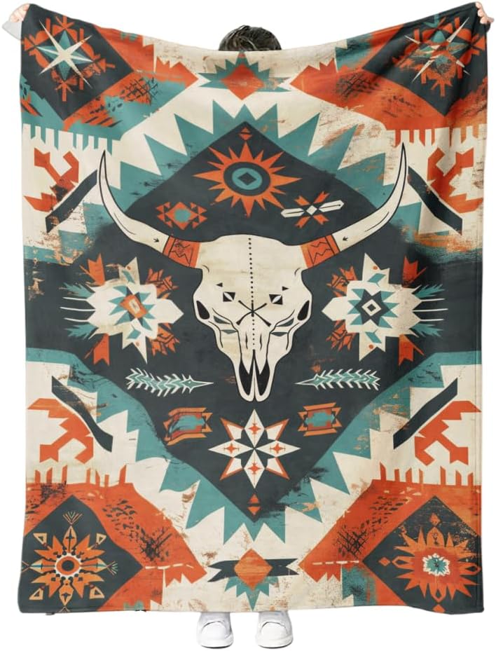 Southwestern Tribal Throw Blanket, Bull Skull Aztec Soft Fleece Blanket for Naps, Outdoor, Travel, Office, Gift (60 x 80 inch)