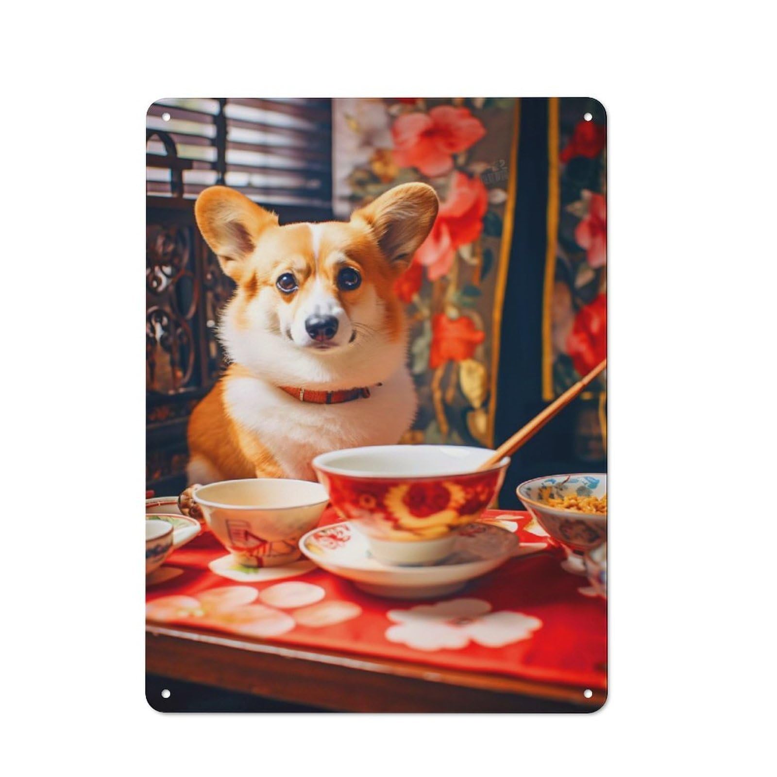 Junmoney Style-13 Corgi At Tea Time Vintage Tin Sign 40X30cm, Rustic Bistro Wall Plaque For Coffee Bar, Kitchen, Bistro Or Tea Corner