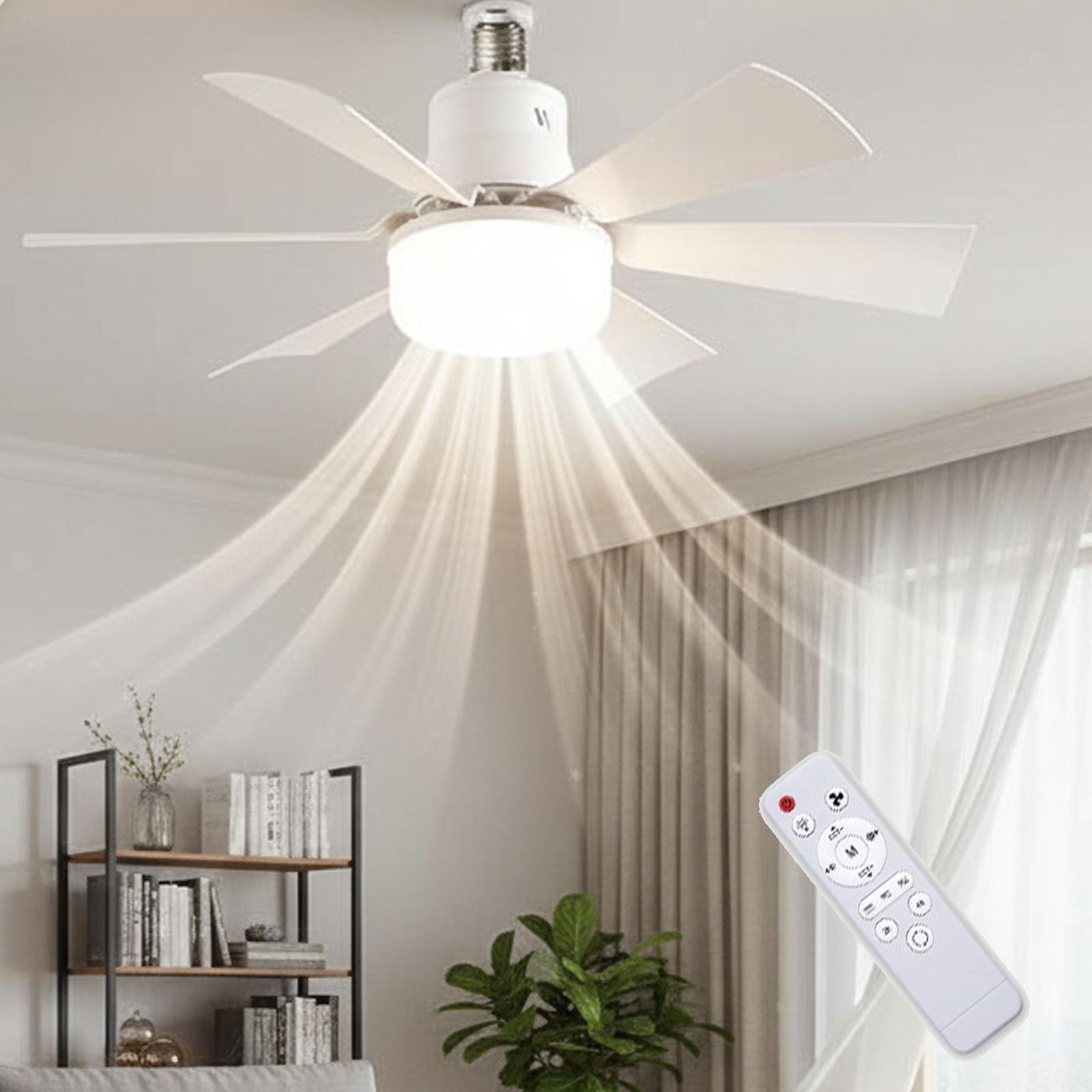Smartbreez 40w LED Ceiling Fan Light 20.5 Ultra-Quiet with Remote, 2-in-1 Socket Fan Light with Remote Control, 3 Speeds Plug in Ceiling Fan with E27/B22 Bayonet Fitting (White,Square 6-Blade)