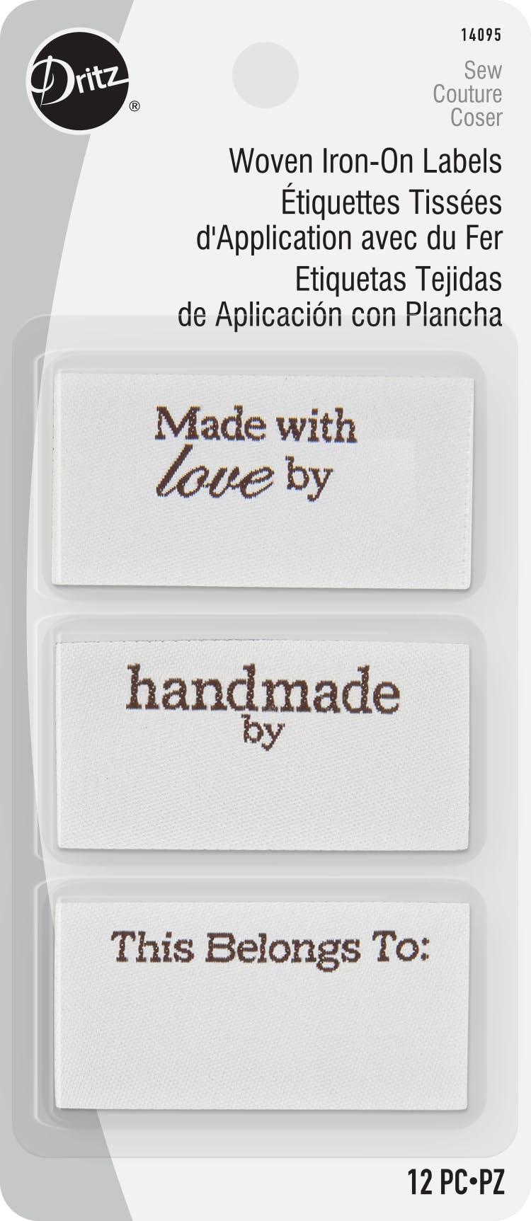 Dritz, 12 Piece Woven Iron-On Labels, Off White Background with Brown Text Count
