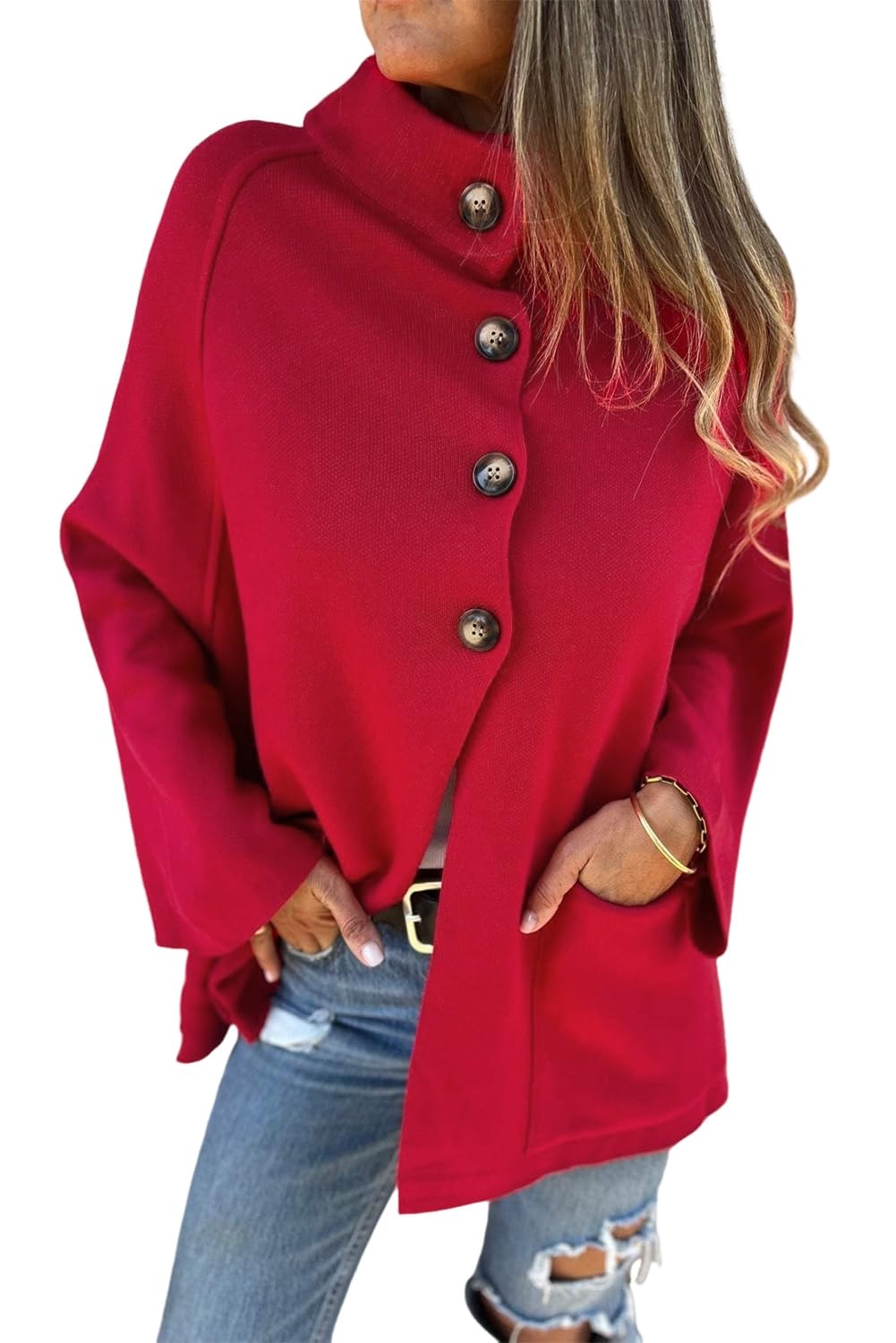 MARZXIN Womens Casual Sweater Fiery Red Collared Button Front Wrapped Cardigan Jacket