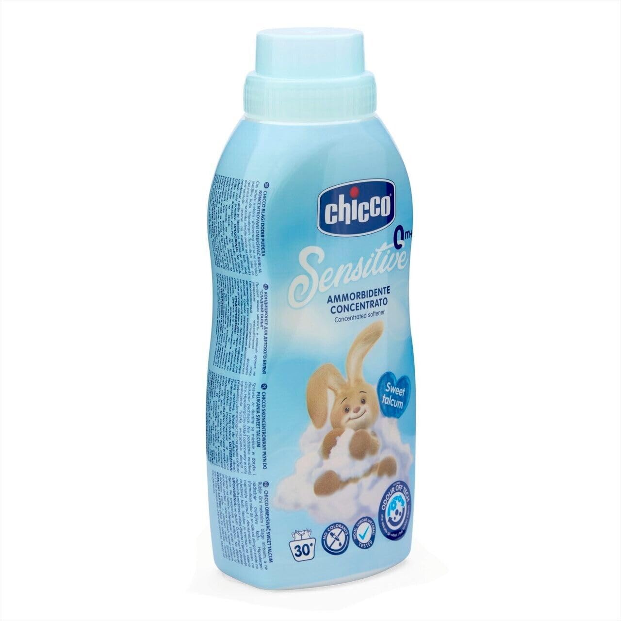 12x Chicco Sensitive Ammorbidente Concentrato Sweet Talcum, ideale per tutti i capi,ipoallergenico, senza coloranti, 30 lavaggi 750ml + Portachiavi Beni Culinari in Omaggio
