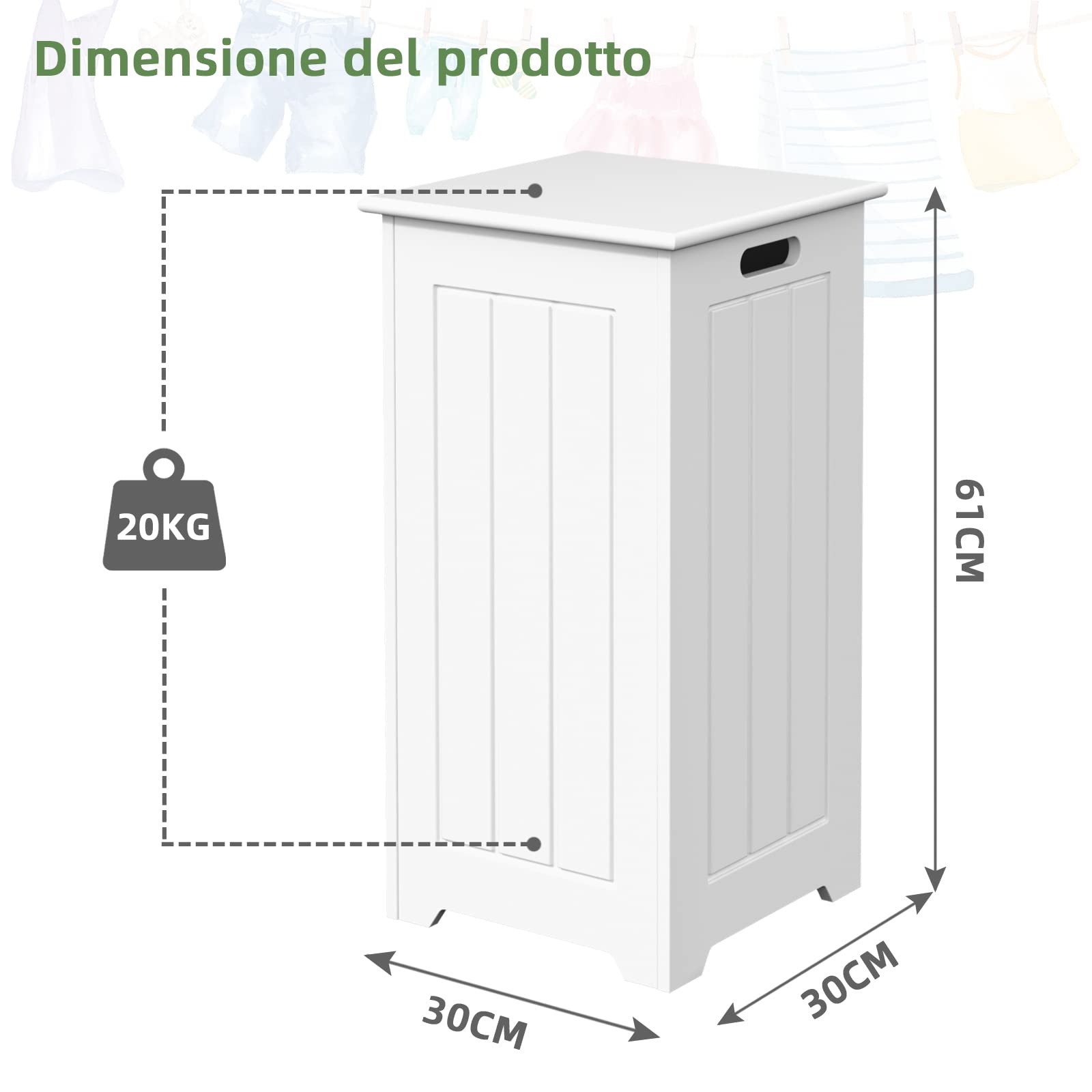 COSTWAY 34 L Mobile Portabiancheria per Bagno, Cesto Organizzazione Lavanderia in Legno, in Stile Moderno, 30 x 30 x 61 cm, Bianco (Senza Borsa Interna)
