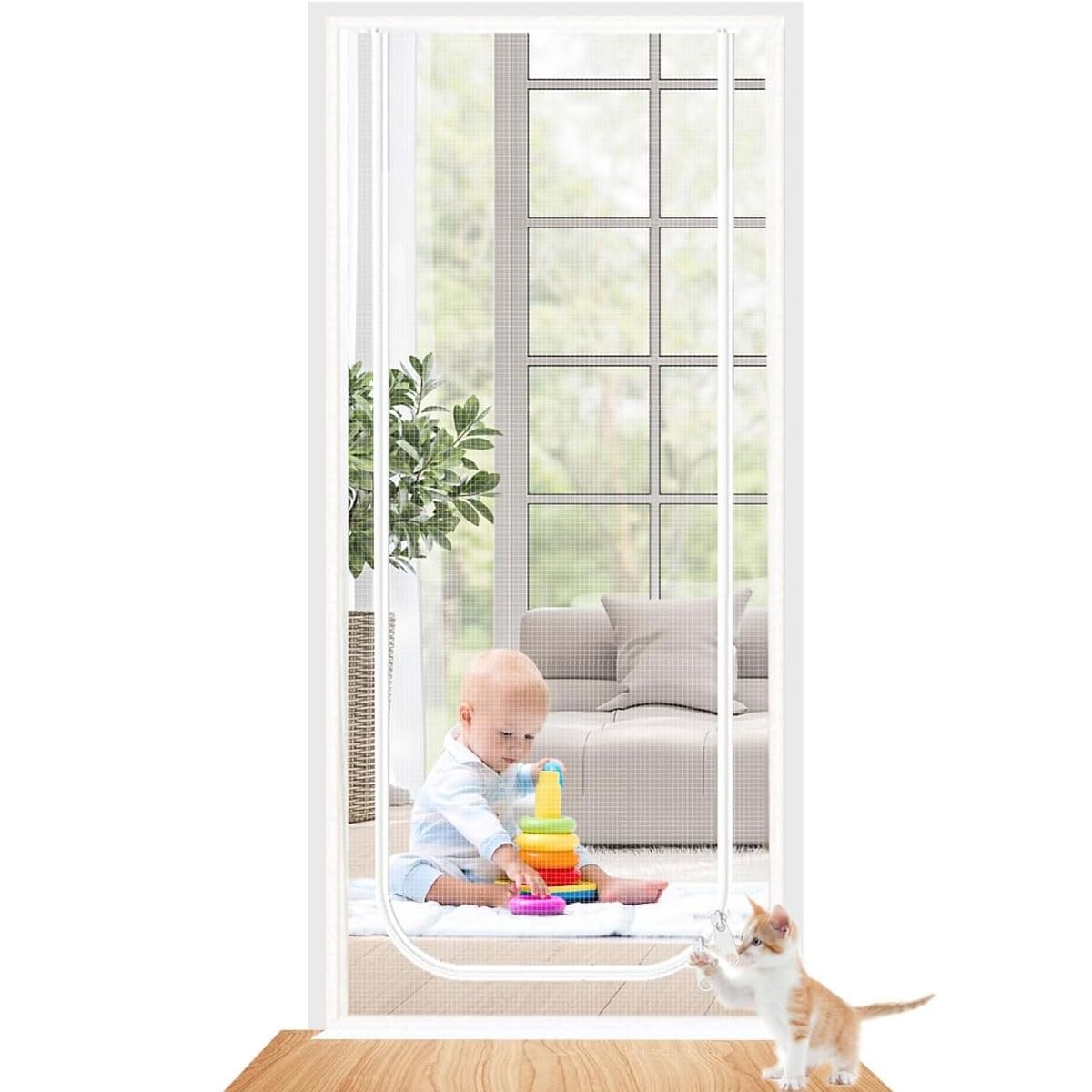 Moustiquaire pour chatière de porte anti-chat avec fermeture éclair blanche 80x200cm