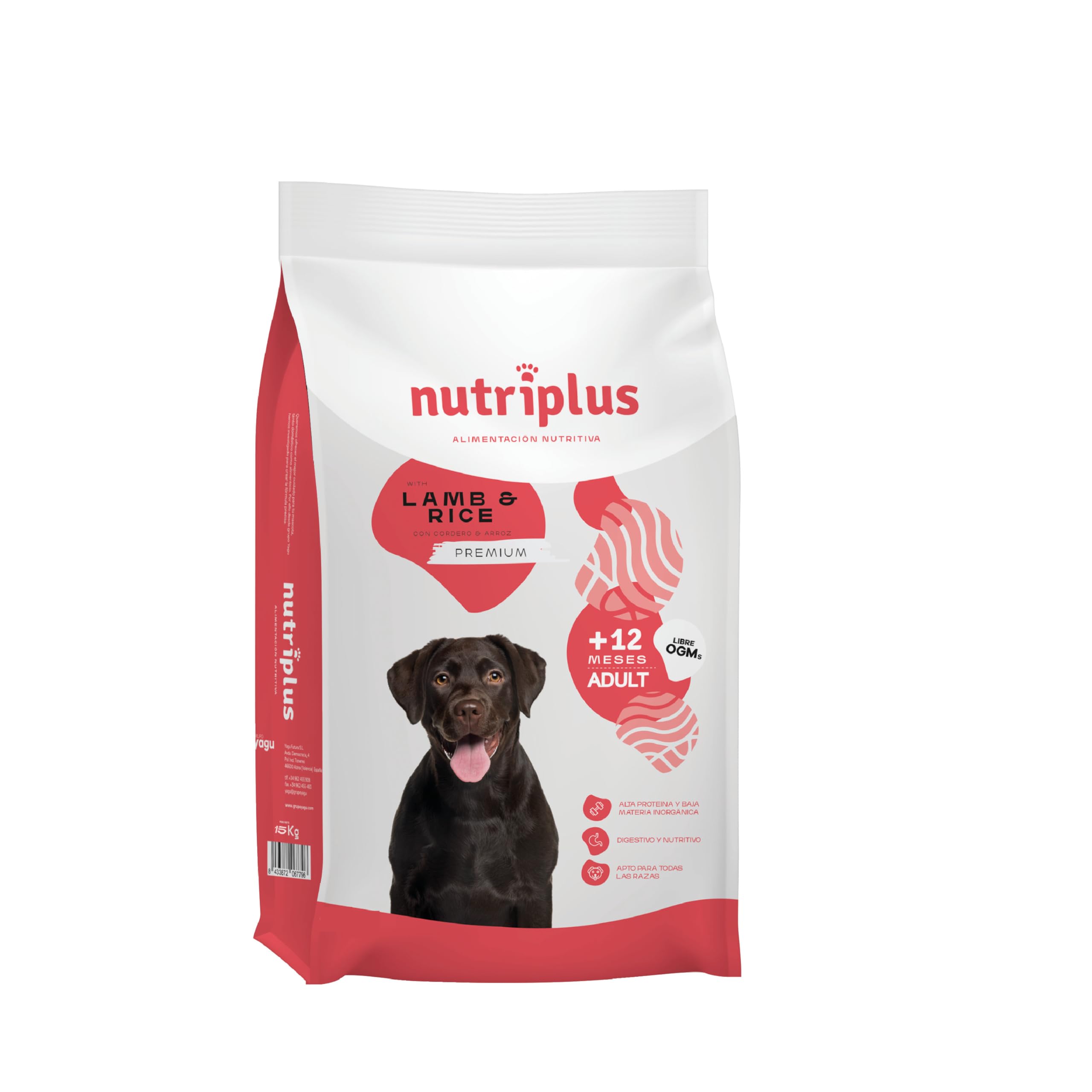 Pienso para Perros Adultos de Cordero Premium - Dieta Hipoalergénica y Cuidado Digestivo - Sin OGM Saco 12 Kg Rico en Hierro y Proteína