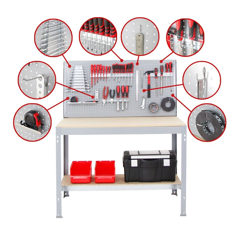 Proregal Werkbank Quick-Buffalo mit Werkzeugwand + Zubehör Gamma | HxBxT 84x120x61cm | Traglast 600kg |Grau