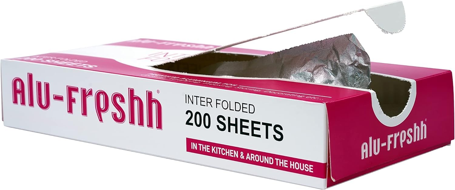 Interfold 200 fogli di alluminio pretagliati, 30,5 cm x 27 cm, pellicola da cucina pop-up, tirare e avvolgere il foglio di alluminio goffrato per arrostire, rivestimento della griglia