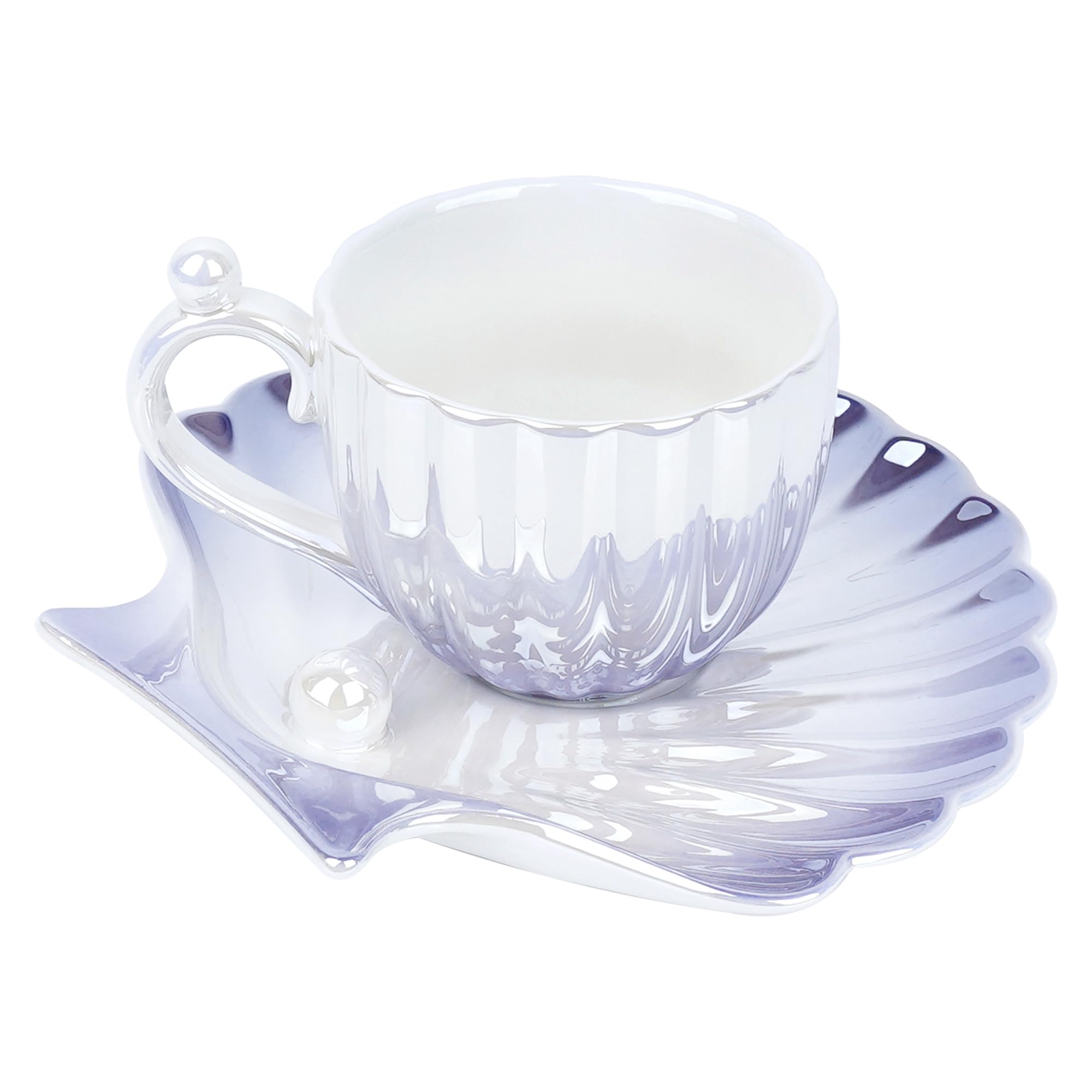 Tasse à thé coquillage anti-brûlure avec anse perlée et soucoupe