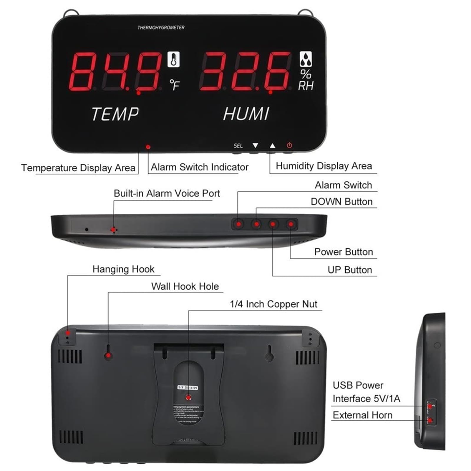 Medidor De Humedad Y Temperatura De Pared, Termómetro Digital Grande LCD De 13 Pulgadas, con Sensor De 5 M, Función De Alarma, Rango De -20 a 80 ℃