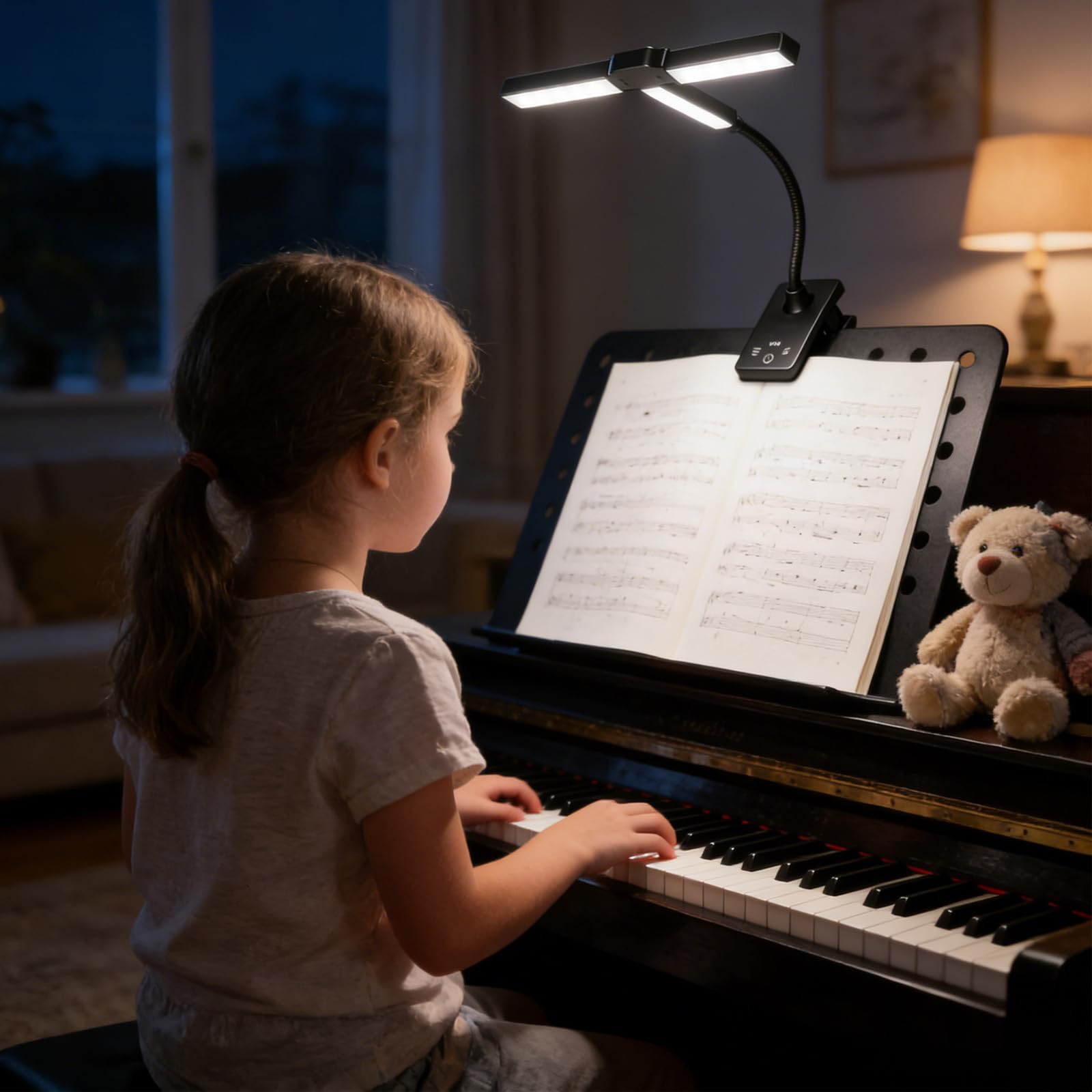 GBKDQQ 3 Kopf Notenpultleuchte Mit Clip: Dimmbar Klavierlampe Faltbar, Flexible USB-C Wiederaufladbar, Superhell 57 LEDs, 4 Farben x 12 Helligkeit, für Lesen und Musiknotenbeleuchtung