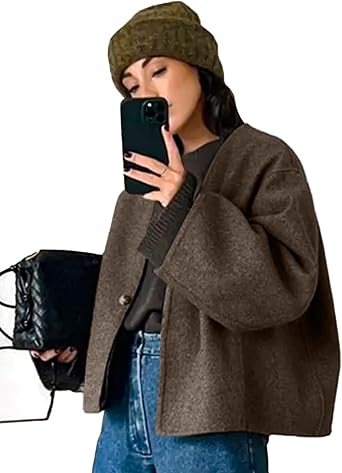 Shiyifa Womens Cropped Wool Blend Coat Long Sleeve Button Down Jacket Casual Fall Winter Peacoat