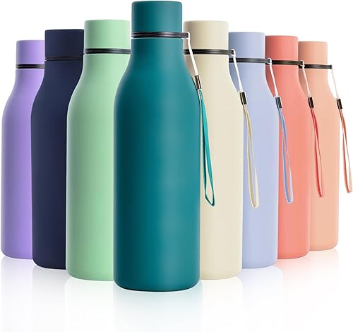 Botella de agua de acero inoxidable de 18.5 onzas, doble pared aislada al vacío, botella de agua deportiva con correa de transporte, libre de BPA Botella de agua de acero inoxidable de 18.5 onzas, doble pared aislada al vacío, botella de agua deportiva con correa de transporte, libre de BPA