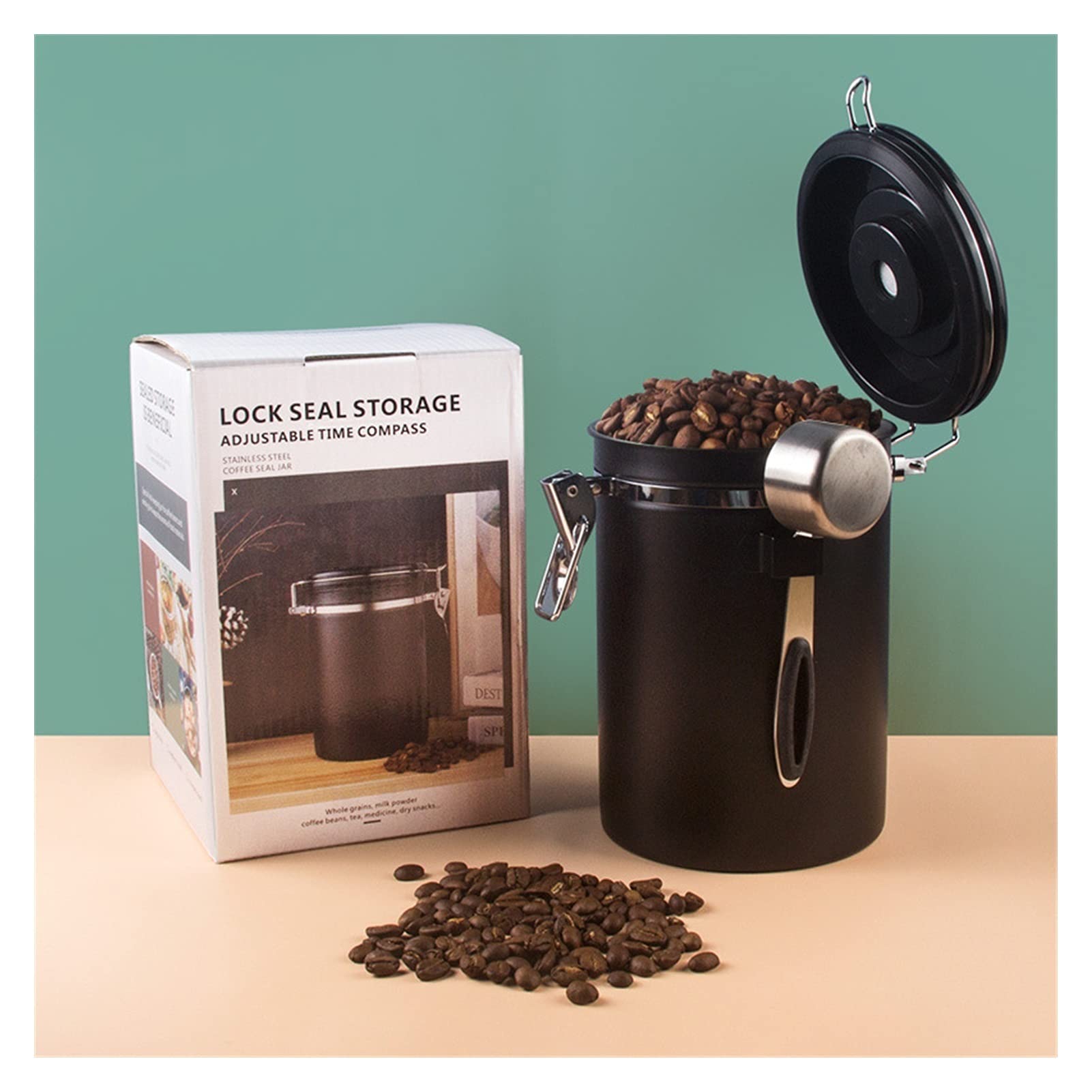 NGDFGR Coffee Canister Stainless Steel Storage Container Jar Box With Spoon Coffee Beans Nuts Sugar Storage Cans Food Container For Coffee Beans,Sugar,Tea (Black 1.5L),Black 1.5l