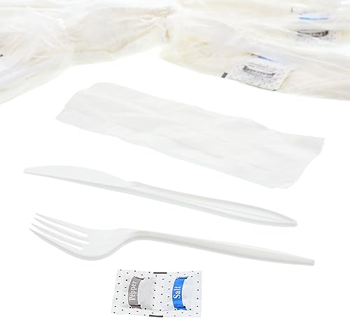 AmerCare Royal - Juego de cubiertos desechables 5 en 1 de peso medio con tenedor, cuchillo, paquetes de sal y pimienta, servilleta de 12 x 13