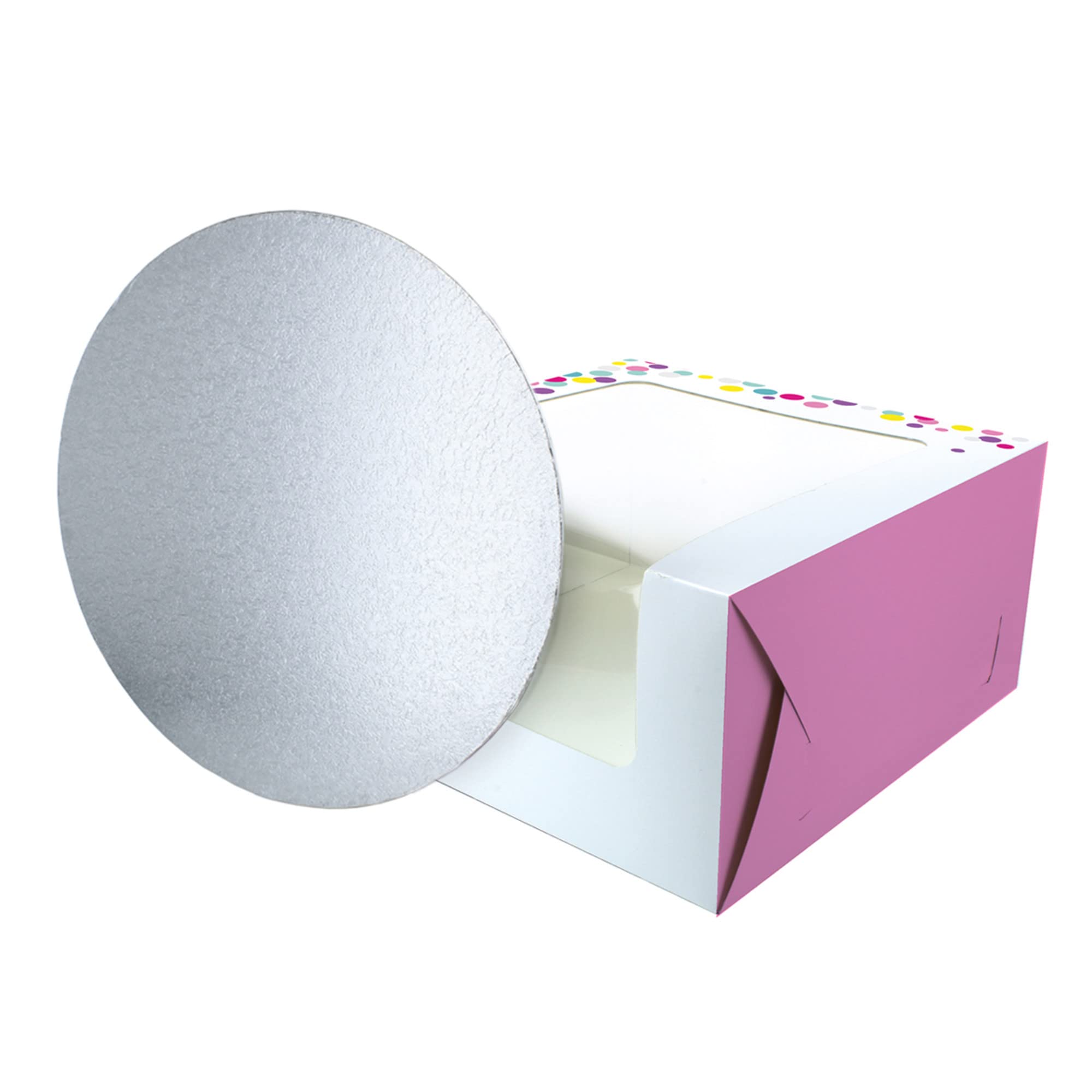 Baked With Love Pink,Silver 90298 Confetti Pink Printed Cake Box And Board, 10 Inch Windowed Treat Box And Silver Card For Birthday, Celebrations, Parties. 10" Box And Board