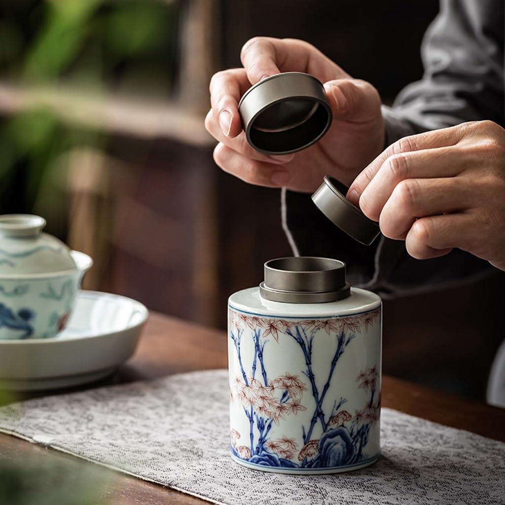 XYNSNDB Zestaw do herbaty Ceramiczna puszka na herbatę, Vintage niebiesko-biała zamknięta puszka na herbatę, aluminiowa pokrywka do przechowywania herbaty Może słoik do przechowywania herbaty