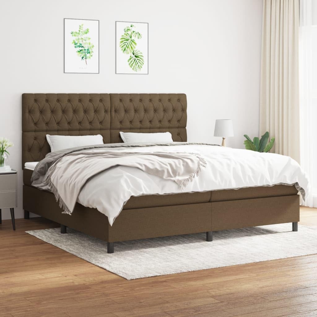 Cama con somier marrón oscuro, 200 x 200 cm, con colchón de muelles ensacados y top, cabecero de altura ajustable, cómoda cama doble para dormitorio, habitación de invitados, accesorios para
