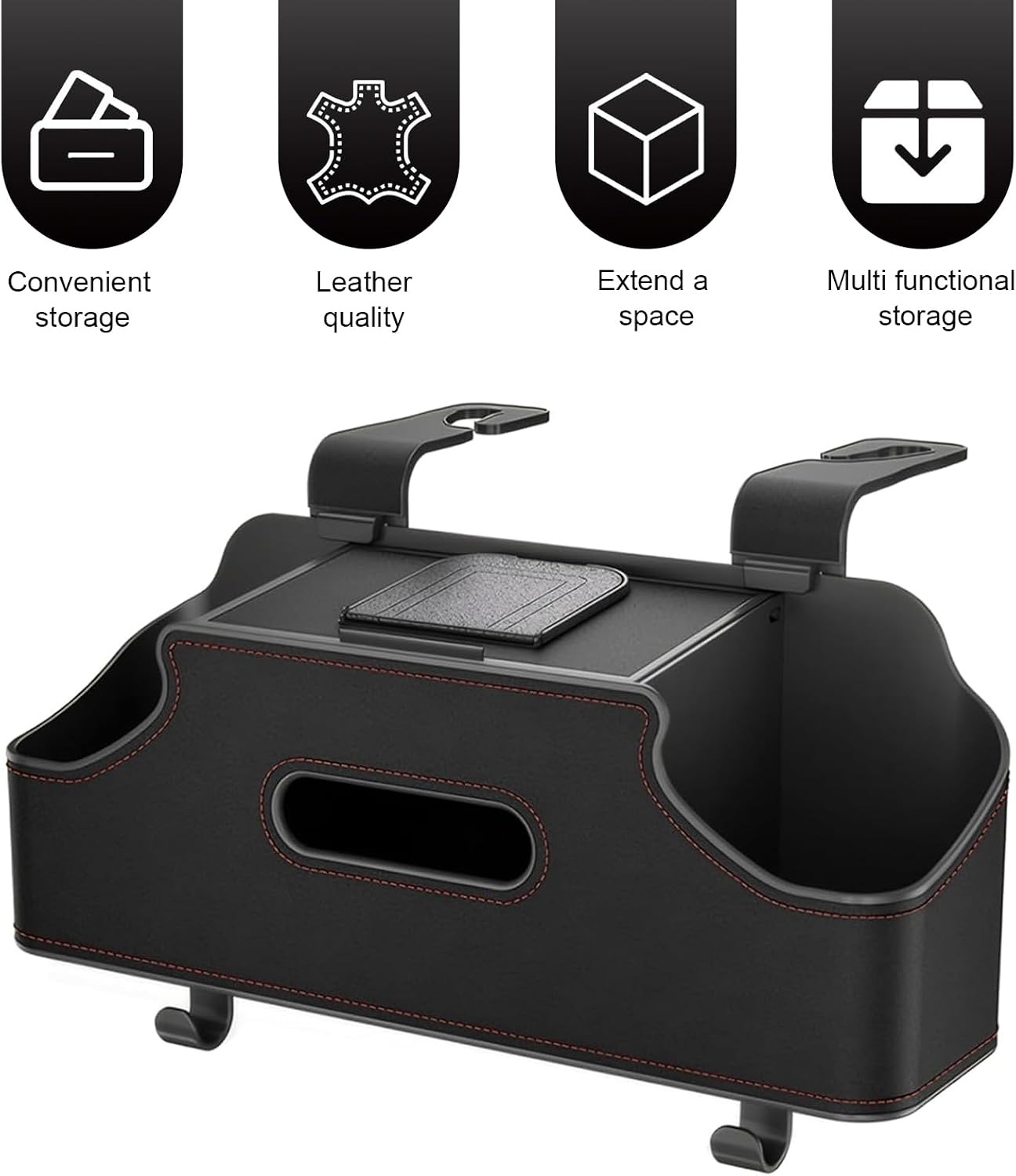 1 PC Backseat Organizer with Dual Cup Holder, Multi-function Tissue Hanging Box and 2 Hooks, Extra Rear Seat Road Trip Storage Accessories, Universal for Most Cars, Trucks, SUVs (Black)
