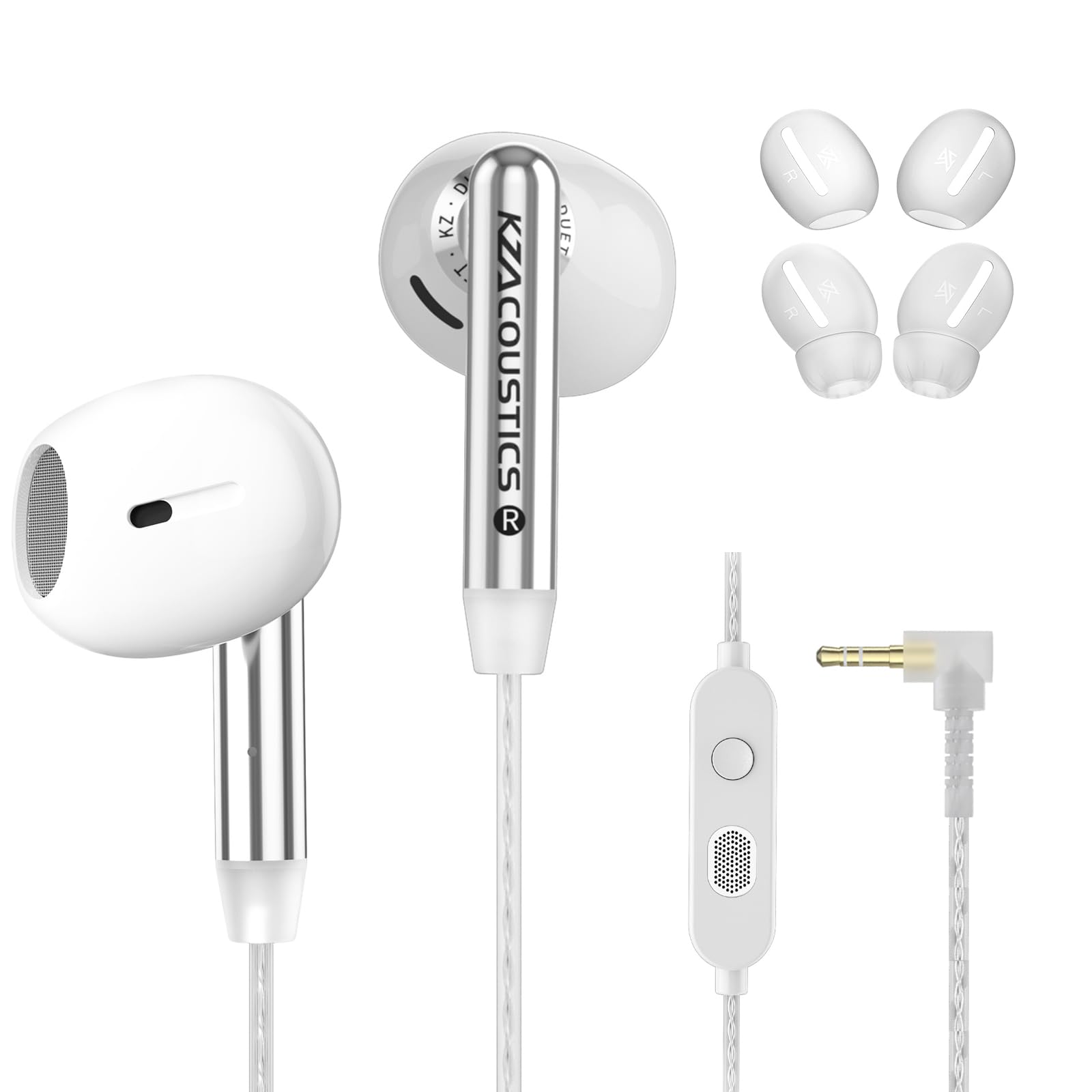 KZ Duet - Auricolari in-ear cablati con doppio driver, con microfono, per PC, cellulare, Nintendo Switch, isolamento acustico, auricolari stereo HD, comodi per i viaggi (bianco, microfono)