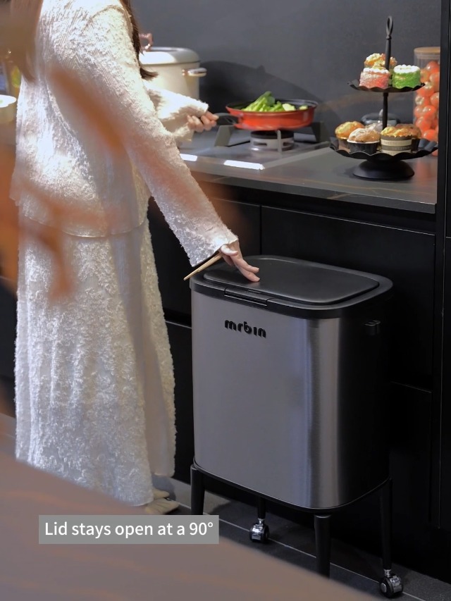 Image of MRBIN Metal Kitchen Trash Can with Wheel Legs, 36L / 9.5gal Medium Press Lid Slim Removable Waste Basket, Pet Proof Tall Narrow Garbage Pail for Vanity, Bedroom, Bathroom, Living Room, Eclipse Grey